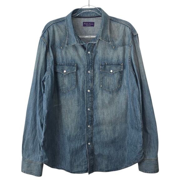 Ralph Lauren Purple Label Italian Made Western Denim Shirt Pearl Snap Men'sXXL - Picture 1 of 9